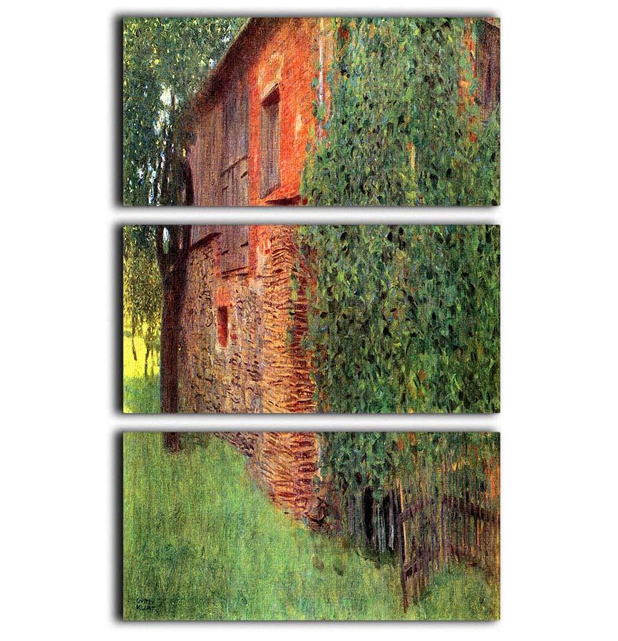 Three-panel canvas print of Klimt's Farmhouse in Chamber in Attersee, showcasing vibrant colors and intricate details.